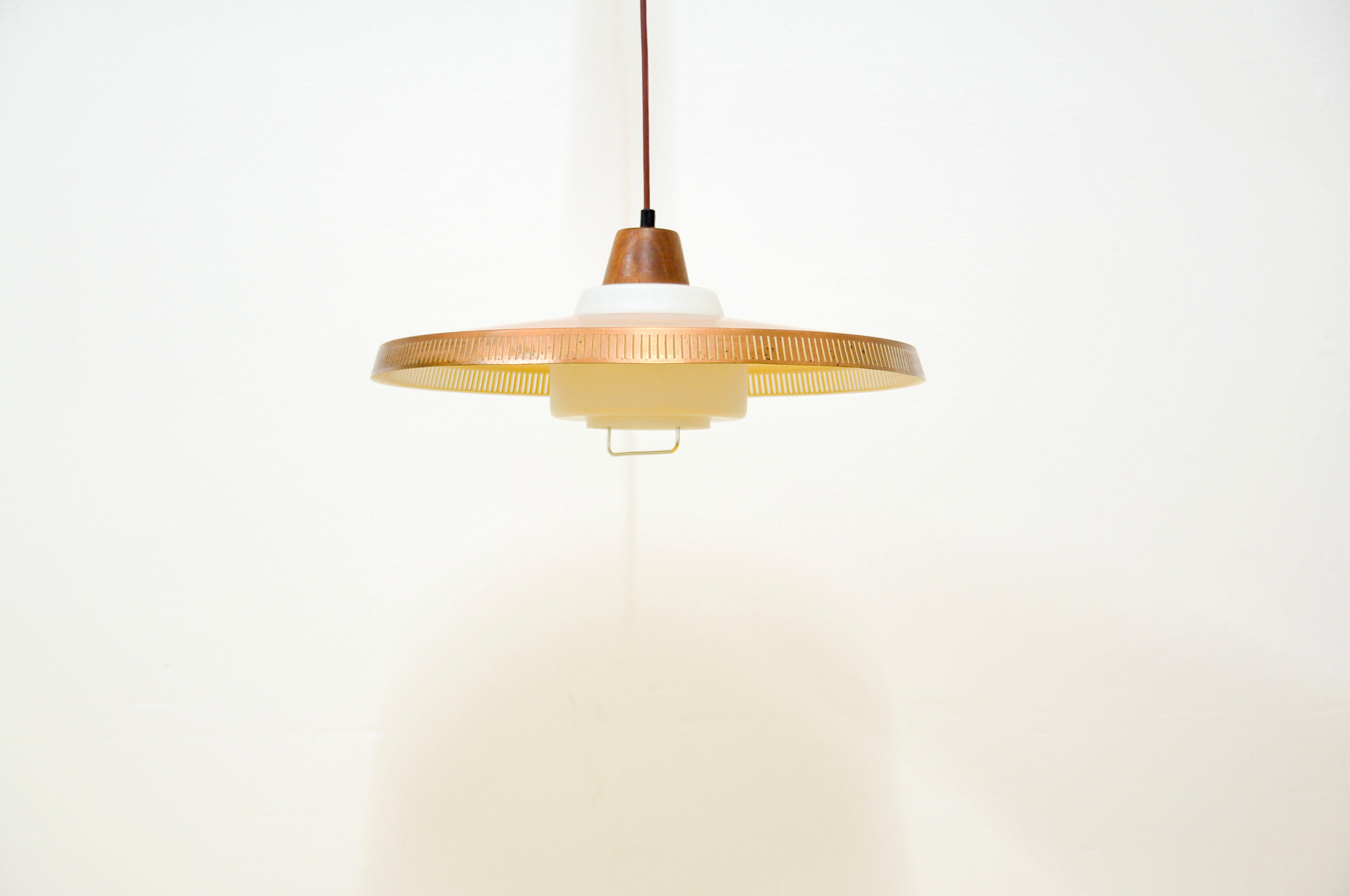 Copper milk glass & teak hanging lamp Bernt Karlby for Lyfa