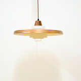 Copper milk glass & teak hanging lamp Bernt Karlby for Lyfa