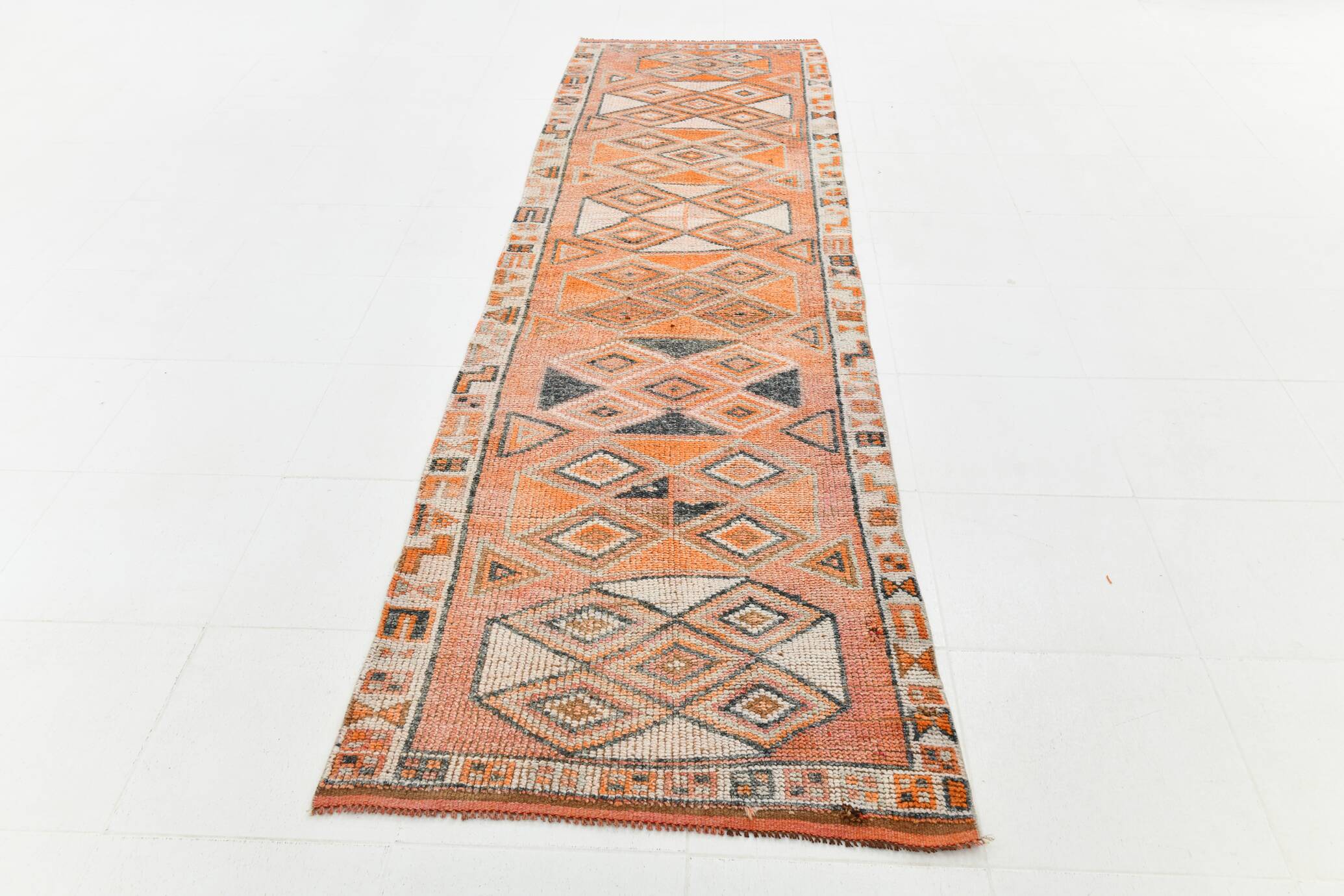 3x11 Orange and Beige Long Wide Runner, Handwoven Wool Runner, 92x336Cm