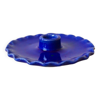 Bougeoir assiette en céramique dentelée bleu klein
