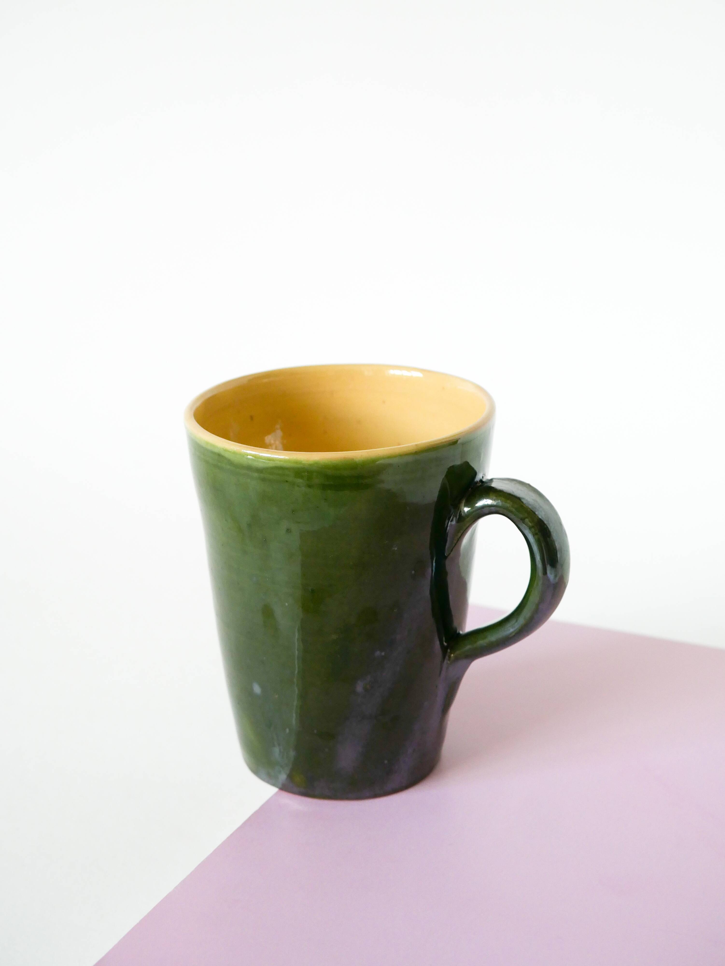 Set of 4 green mugs in glazed stoneware, ceramic, 1970