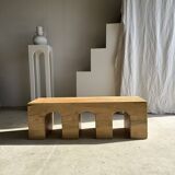 Solid monoxyl wood bench with carved 3-arch base - Natural wood color