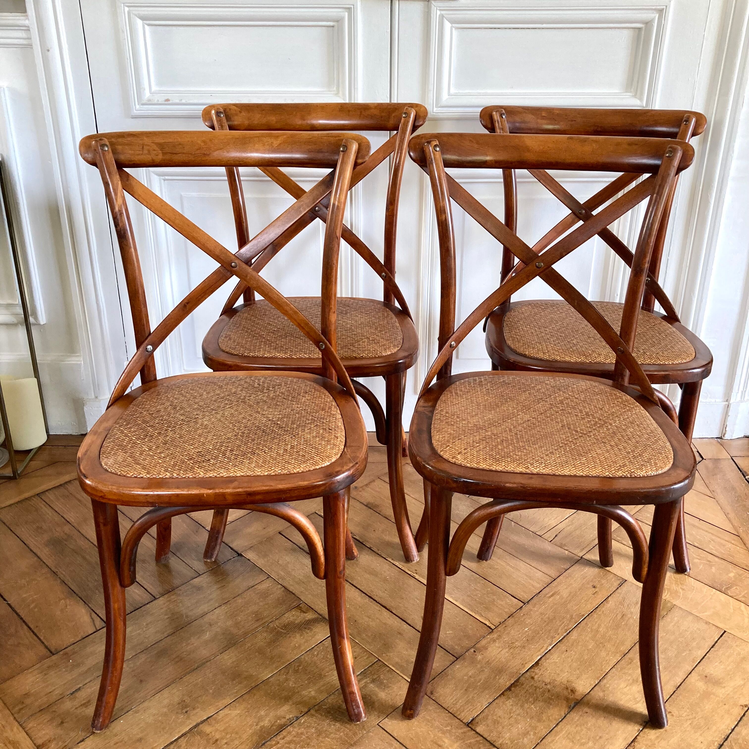 4 chaises bois et cannage style bistrot