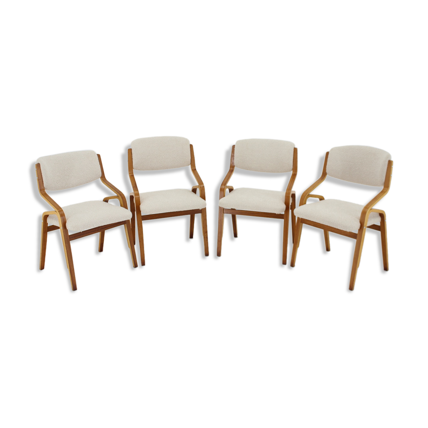 1970s ludvík volák four bentwood dining chairs in boucle fabric, czechoslovakia