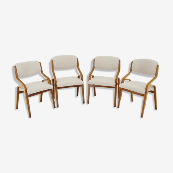 1970s ludvík volák four bentwood dining chairs in boucle fabric, czechoslovakia