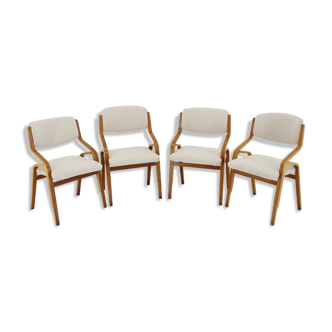 1970s ludvík volák four bentwood dining chairs in boucle fabric, czechoslovakia