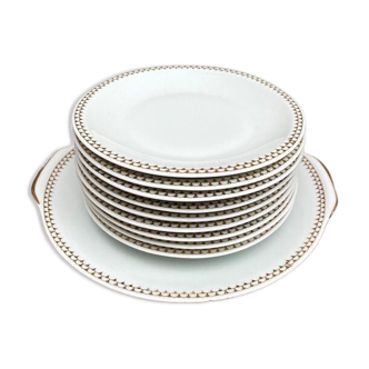 Assiettes et plat à gâteau en porcelaine de Sologne Lamotte