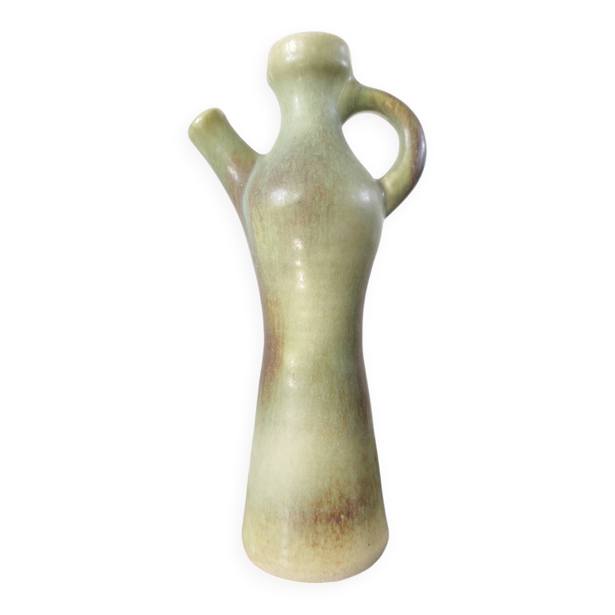 Pichet / Soliflore vintage en céramique flammée – Vert olive & Brun (A