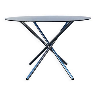 Designer smoked glass table, chrome Mikado base, vintage 1970