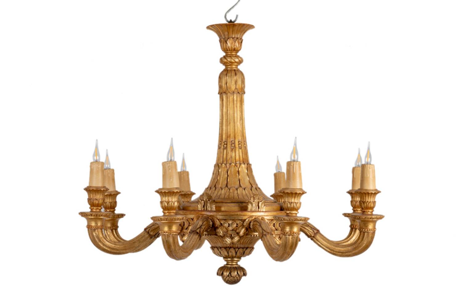 Dumez, Louis XVI style chandelier in carved and gilded wood. 1950s.
