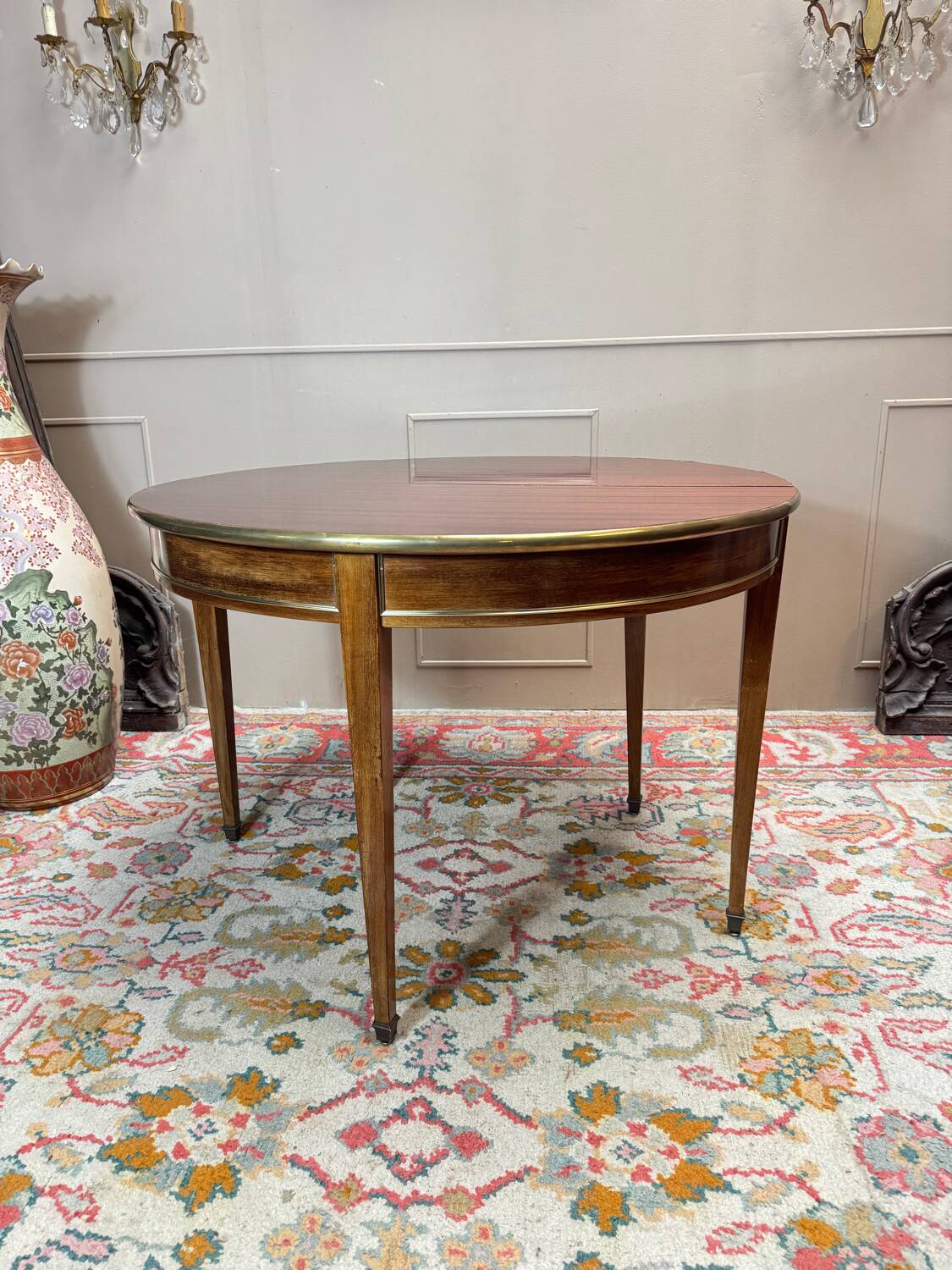 Table demi lune formant console et table de salle à manger en acajou d