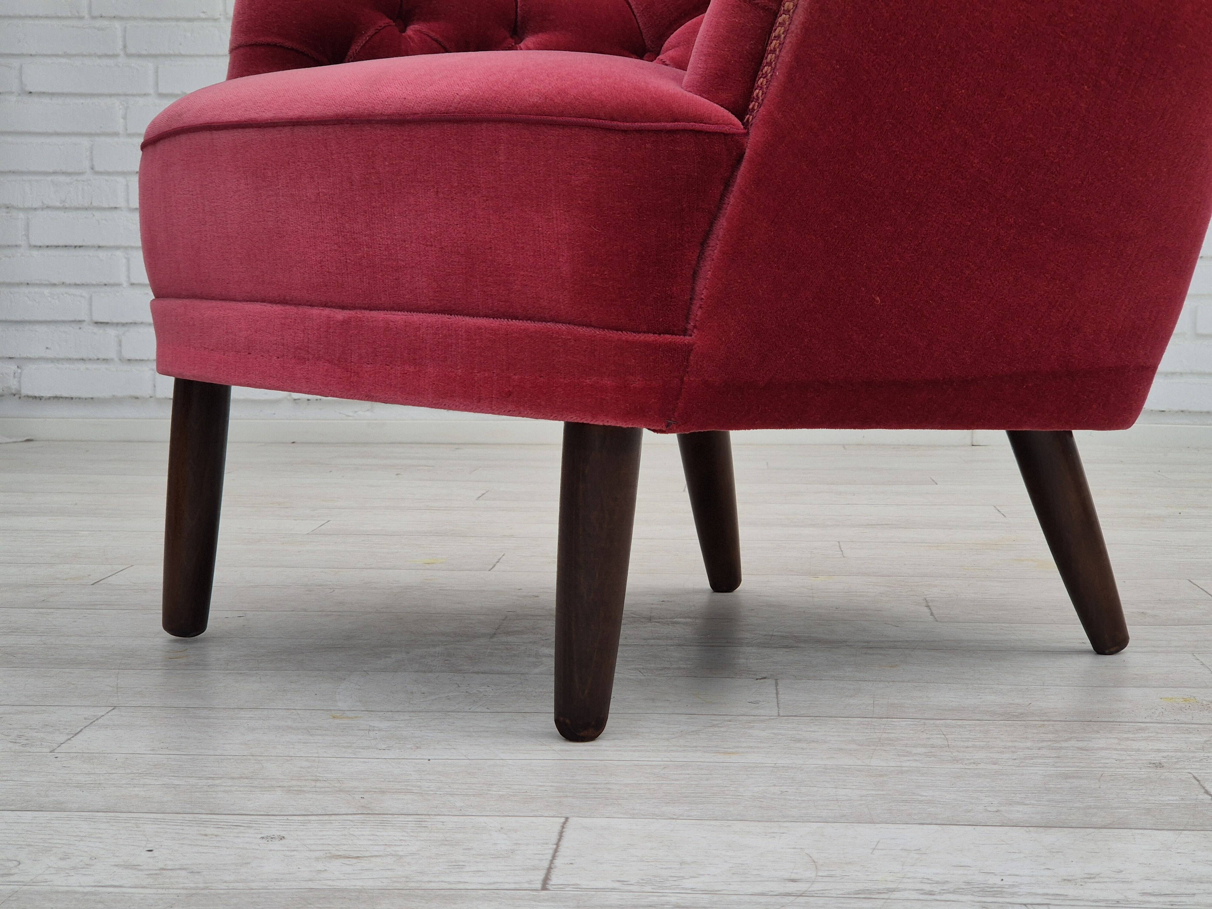 Années 1960, fauteuil scandinave à dossier haut, état d'origine, velours.