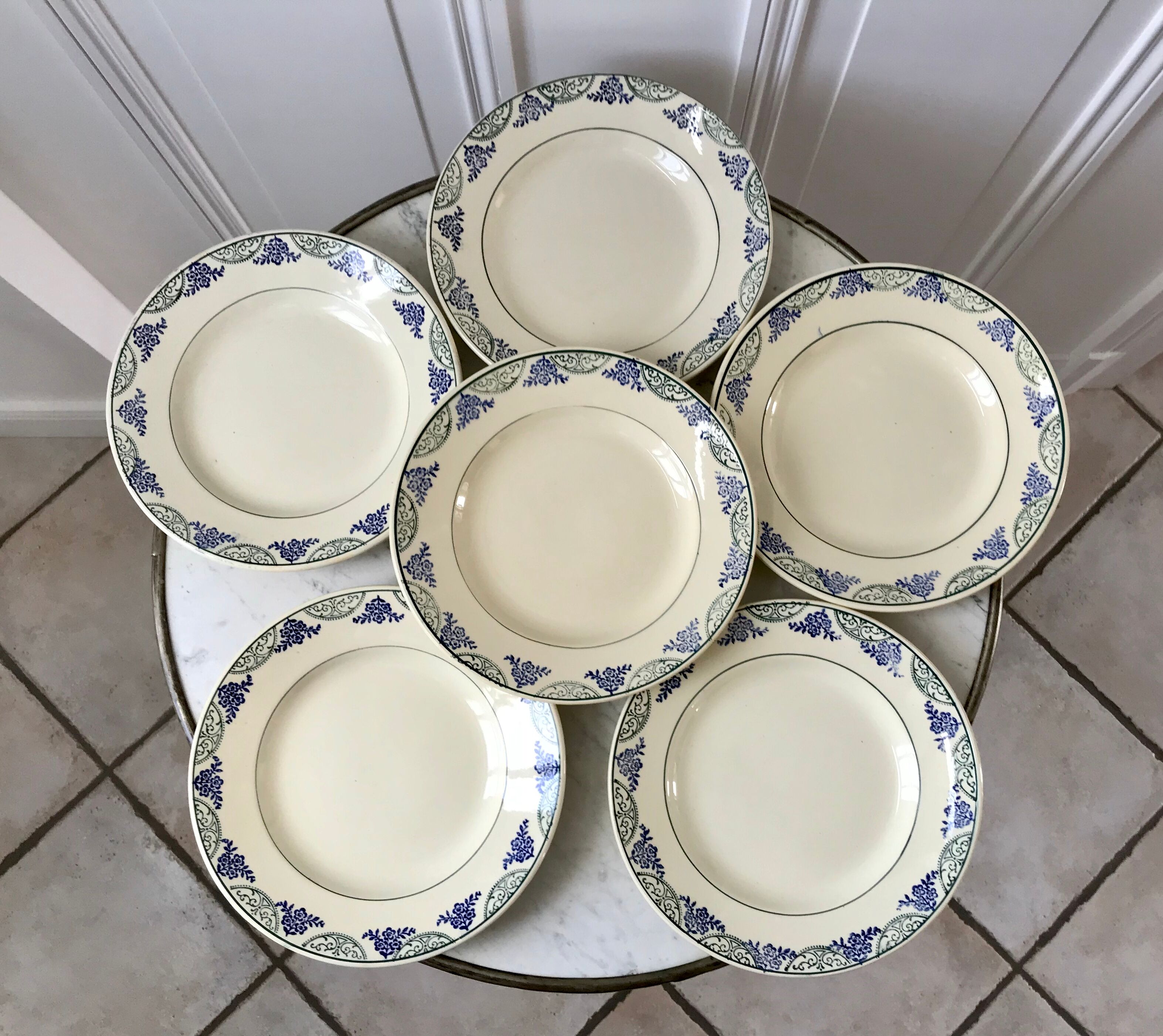 Lot de 6 assiettes plates Terre de Fer Moulins des Loups & Hamage vertes et bleues fin XIXème