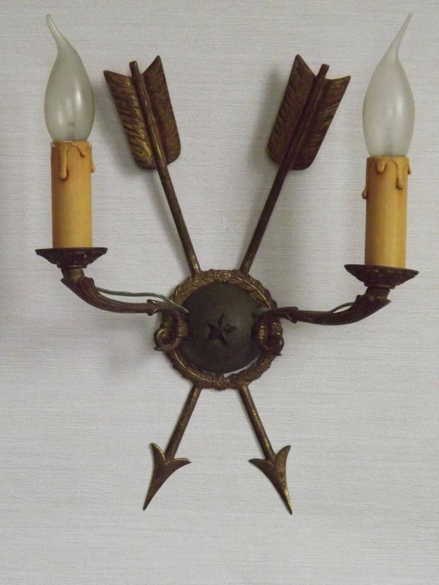 French Vintage Bronze Empire Arrow & Quiver Criss Cross Double Wall Sconces