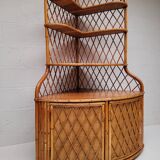 1960s vintage corner rattan bookshelf