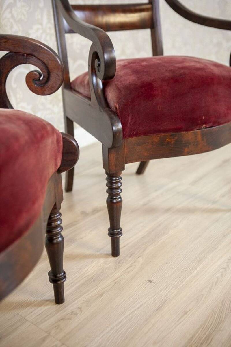 Set of Empire Mahogany Armchairs in Red Upholstery, 19th Century