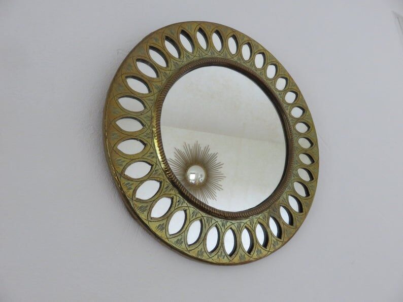 Old round mirror, ethnic, Moroccan, oriental, round brass 70s