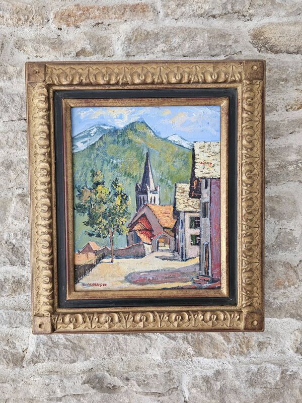 Tableau Huile sur toile - Village savoyard signé L Chabaud 86