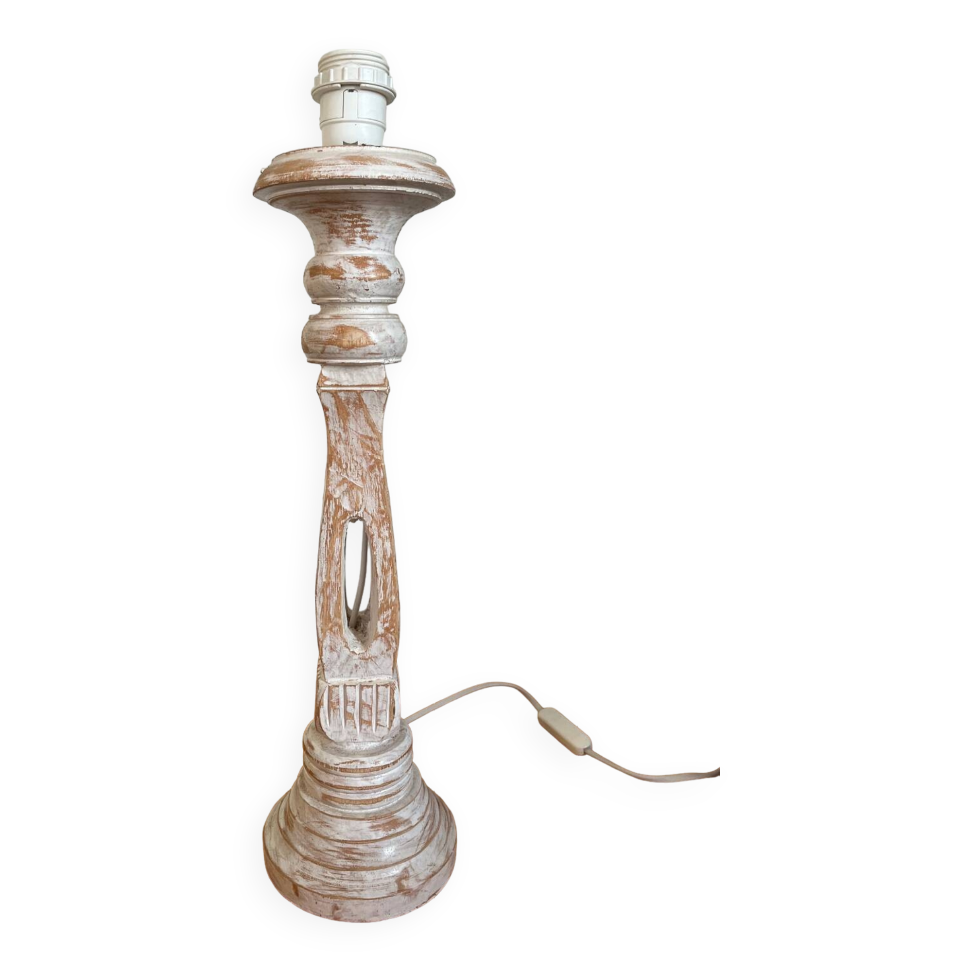 Wooden baluster lamp base with white cherry patina