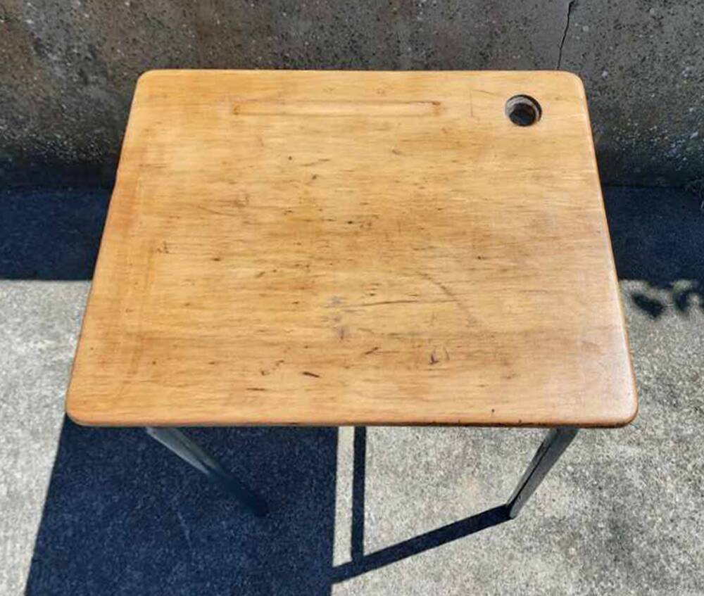 School table, wooden desk, metal, vintage, industrial style, 50s