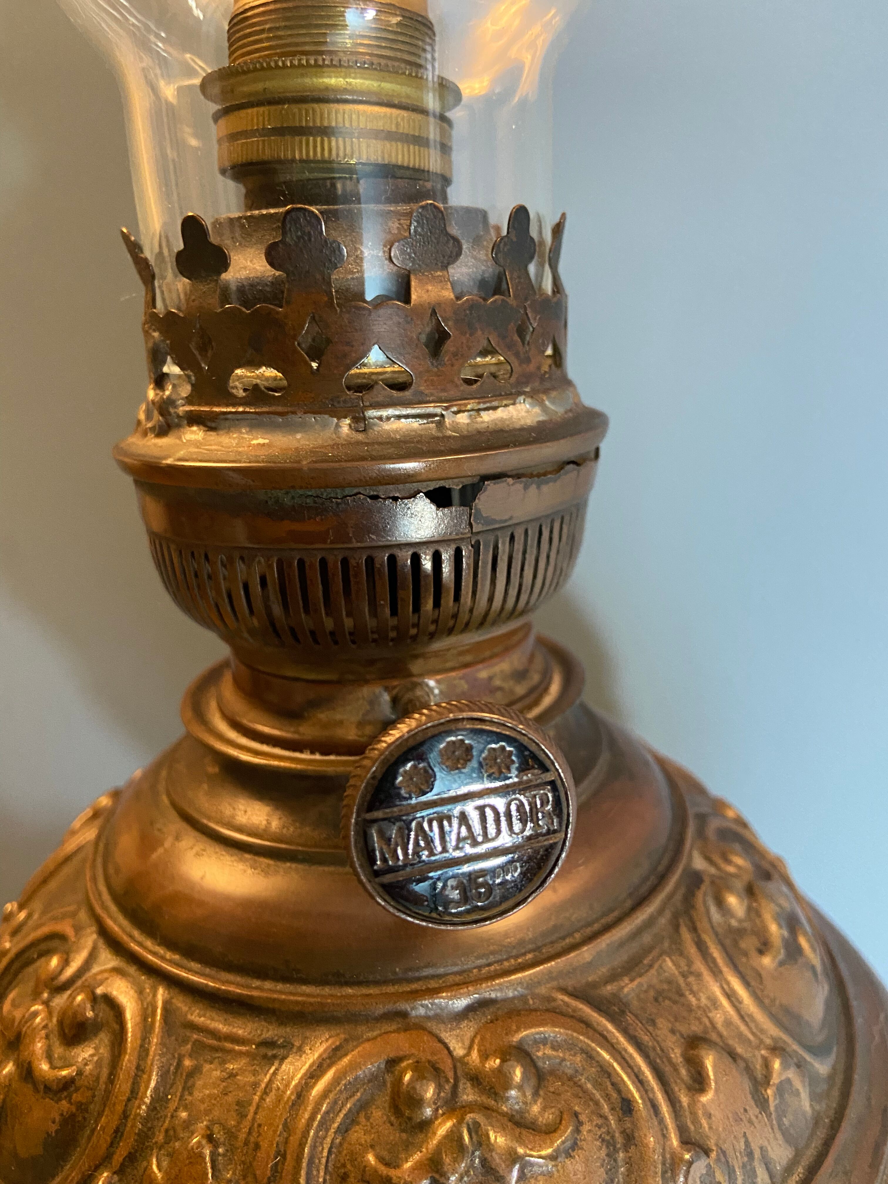 Nineteenth electrified brass kerosene lamp