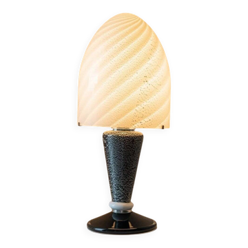 Lampe de table champignon Murano Swirl - détails argentés noir et blanc - verre vintage - design Space Age - années 1970