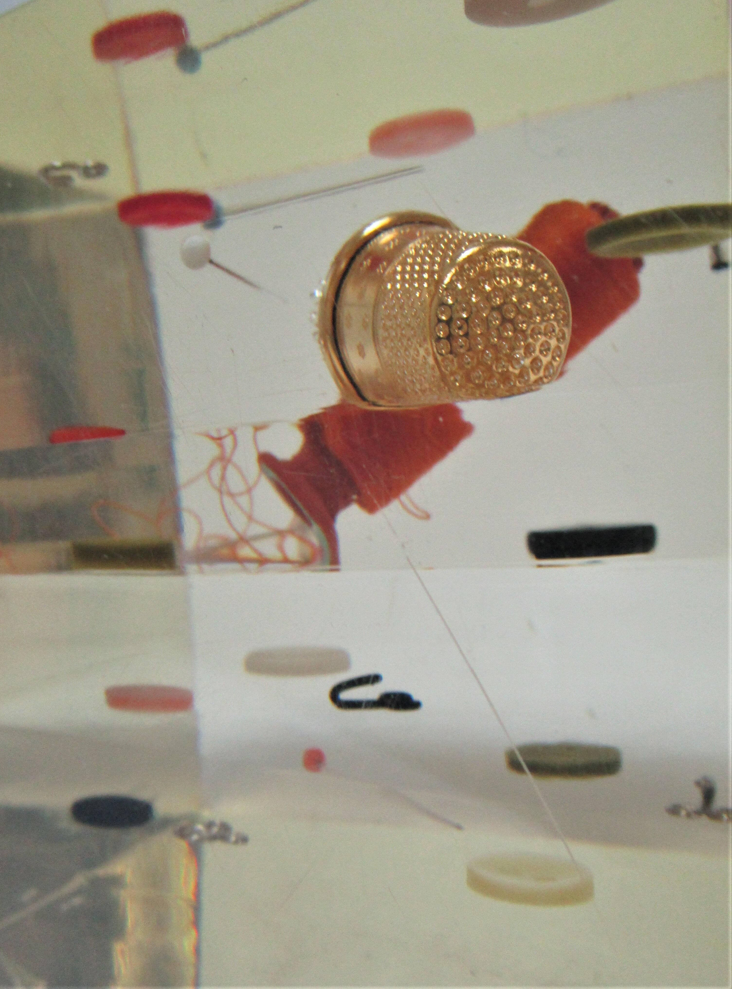 Paperweight sculpture block resin inclusions sewing design 70s