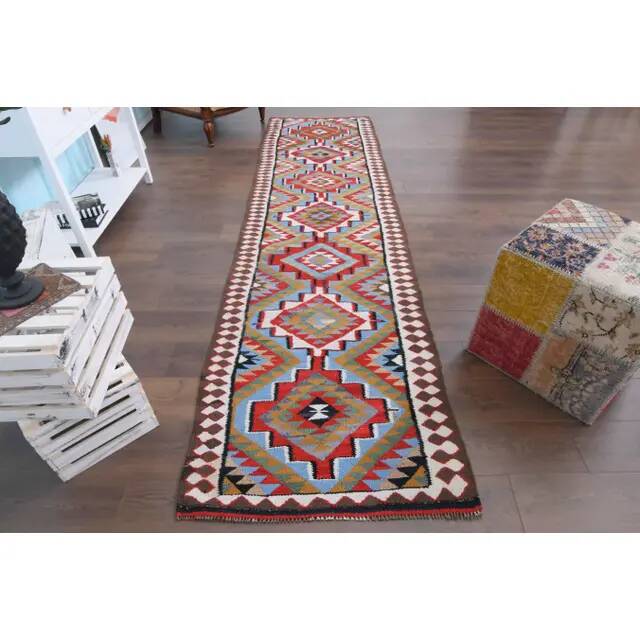 1970s Vintage Turkish Hand-Knotted Wool Cotton Red Runner Rug 93x355