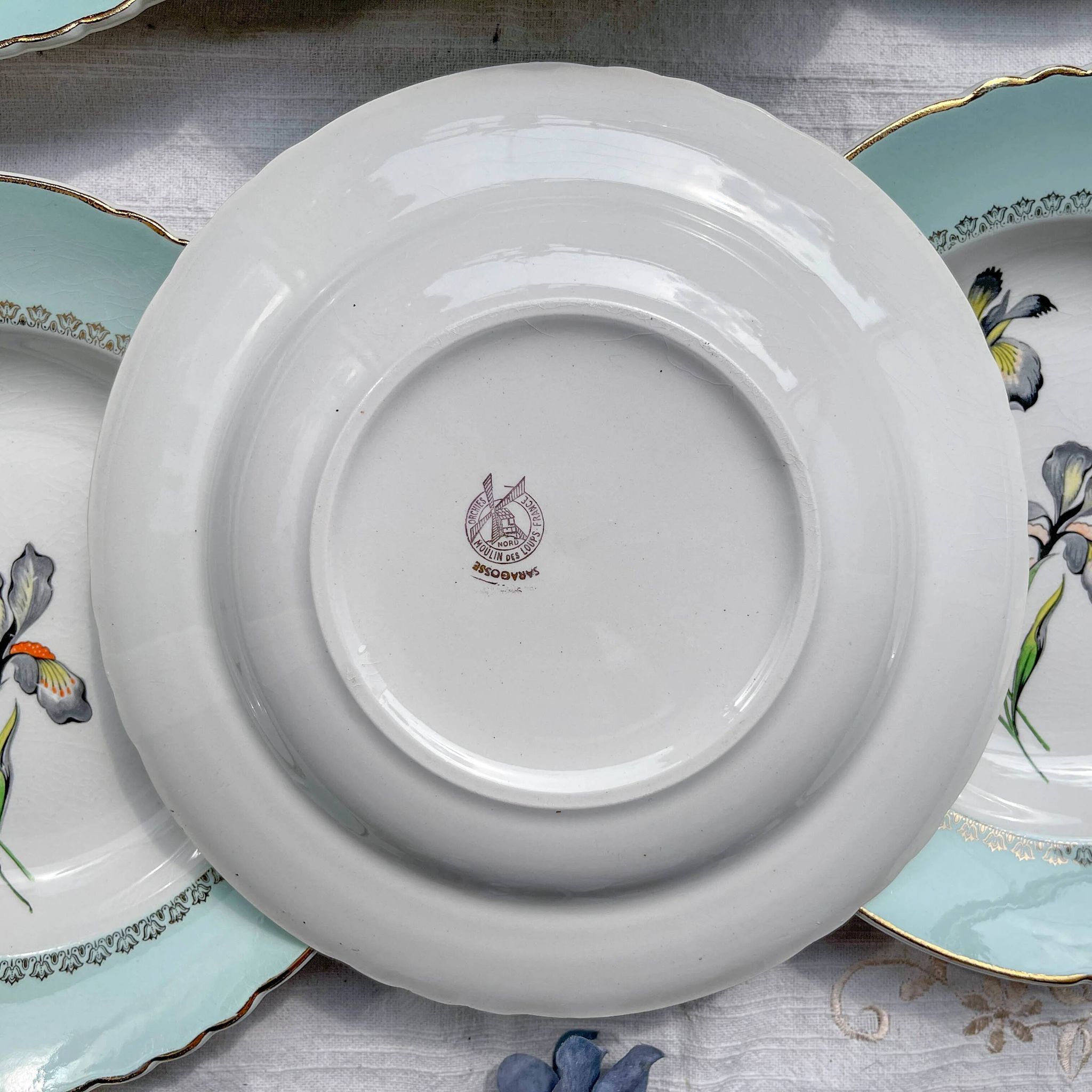 6 vintage white and green porcelain soup plates Iris Moulin des Loups "Sargosse" 1950s