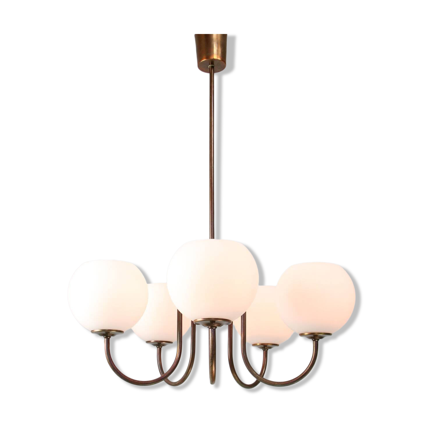 Vintage Italian Brass and Opaline Chandelier in Copper Color, 70s