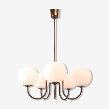 Vintage Italian Brass and Opaline Chandelier in Copper Color, 70s