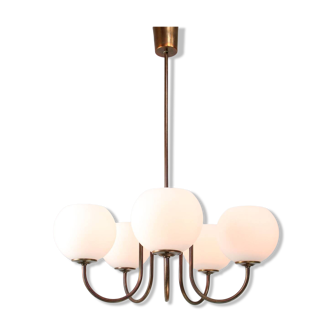 Vintage Italian Brass and Opaline Chandelier in Copper Color, 70s