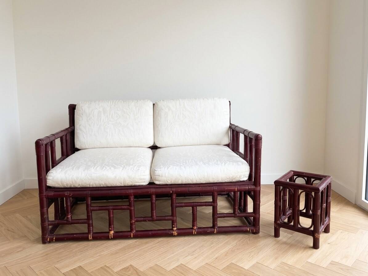 Two-seater sofa set and small lacquered violet rattan table.