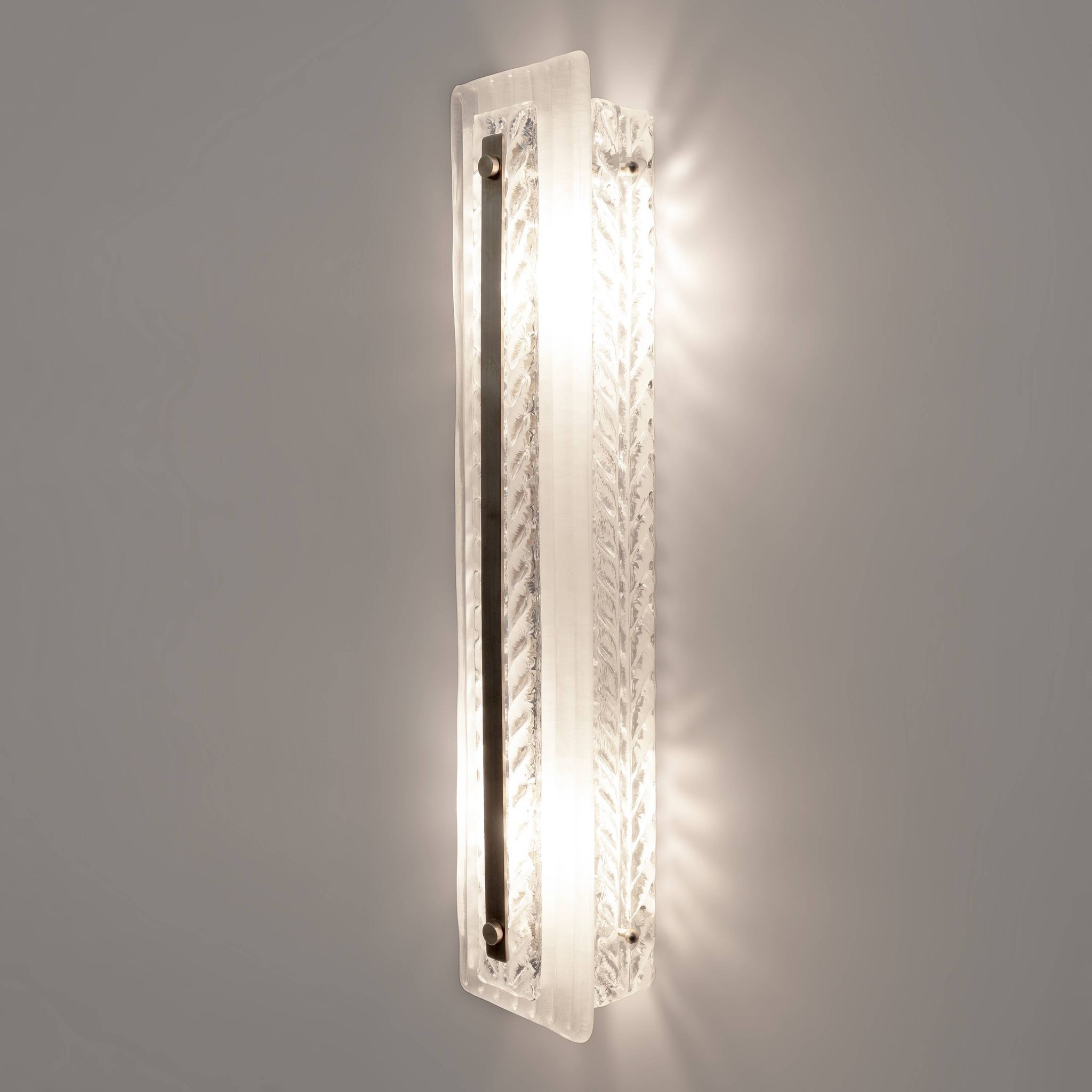 Pair of Art Deco Style Brass and Textured Murano Glass Sconces