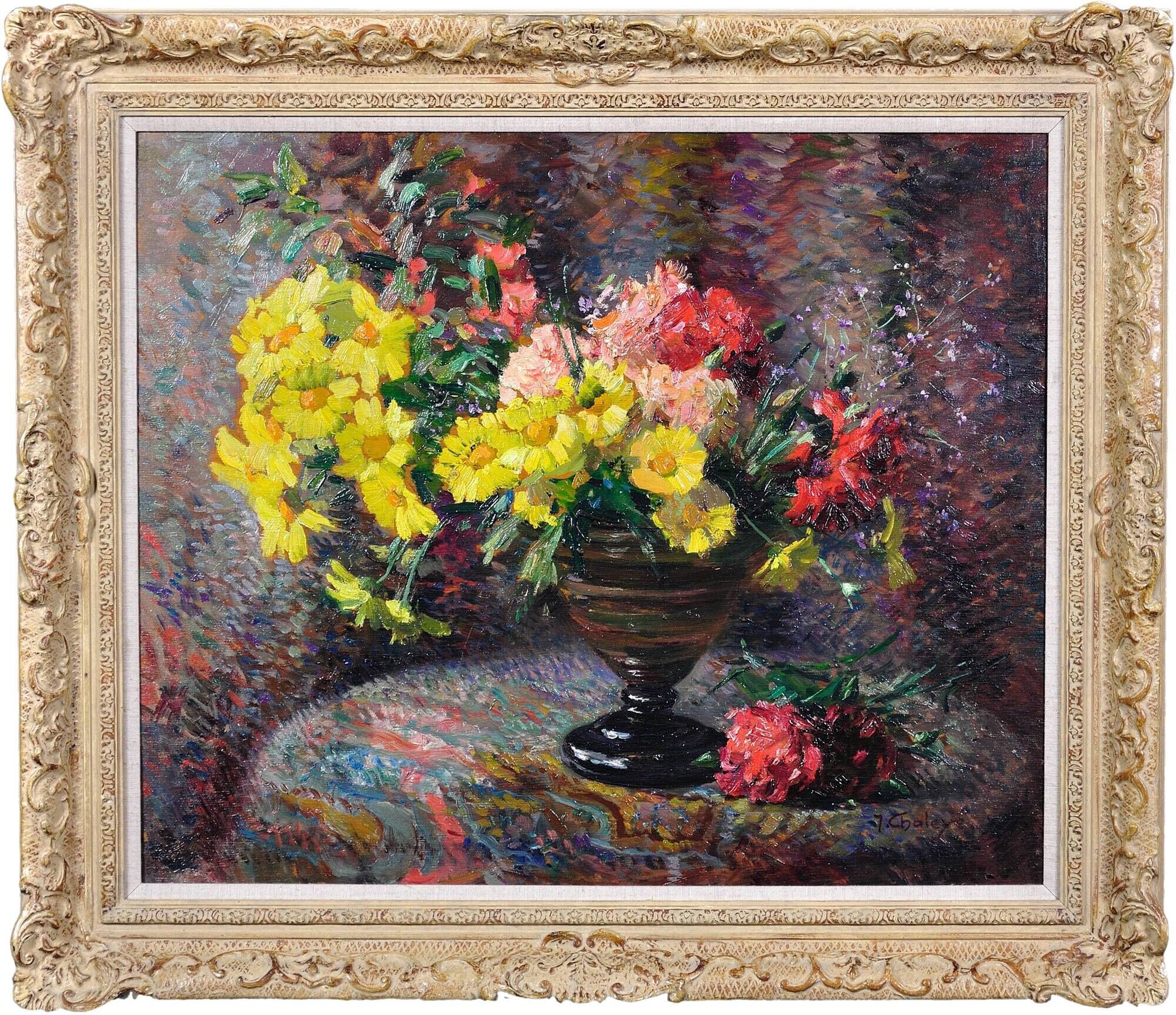 Jean Chaleye 1878-1960.Still Life Carnations & Marigolds.Framed Oil On Board.
