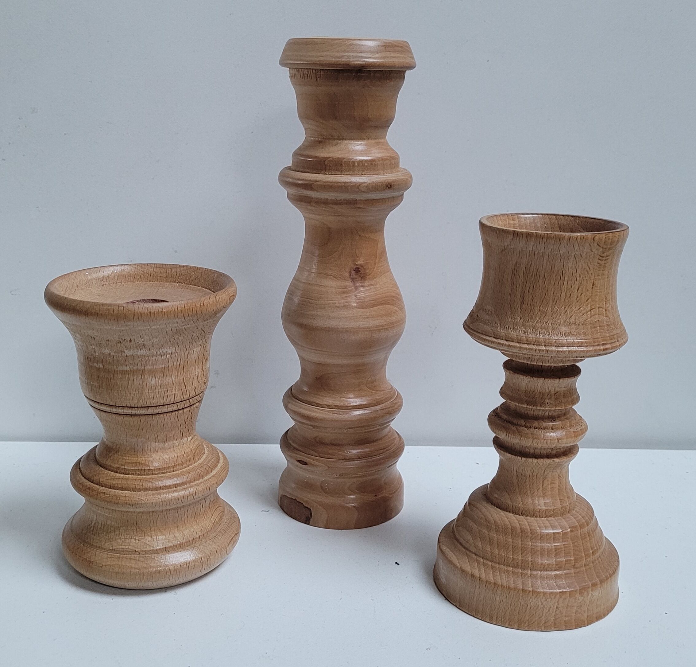 Trio turned wood candlesticks