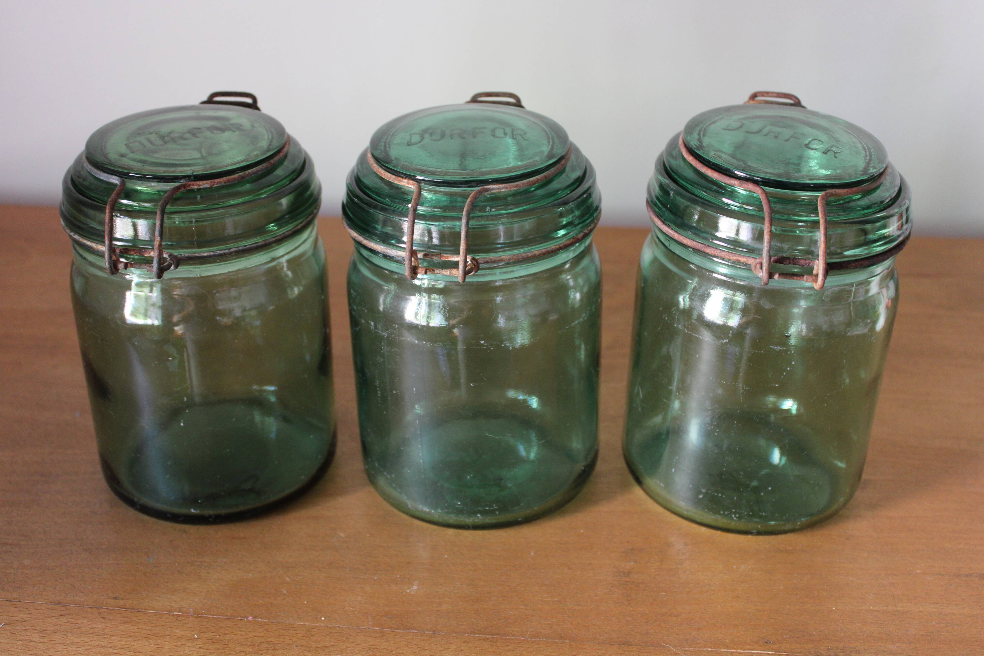 Lot of 3 green glass jars Durfort