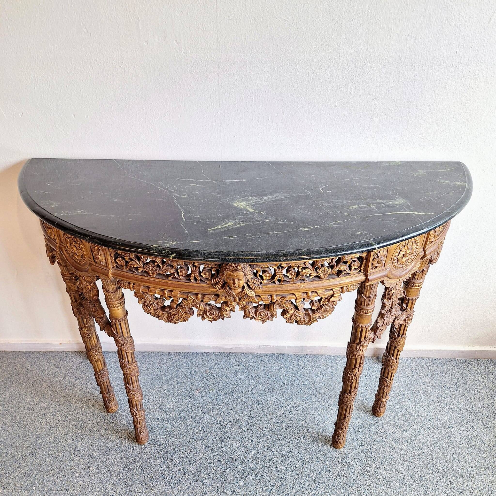 French baroque half-moon wall console with marble and six legs.