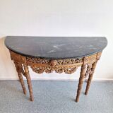 French baroque half-moon wall console with marble and six legs.