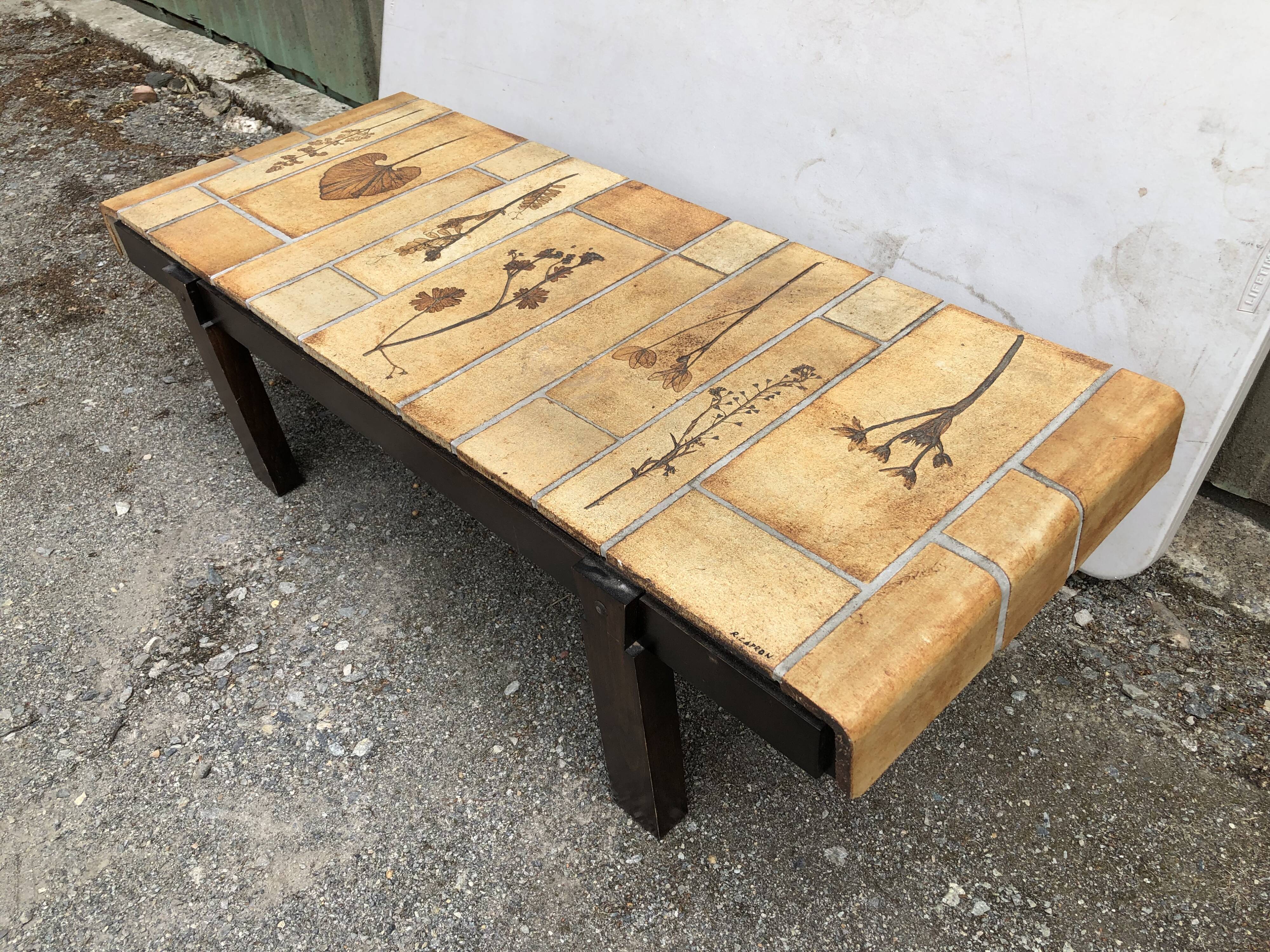 Vintage ceramic coffee table with herbarium decorations by Roger Capron, solid beech base.