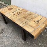 Vintage ceramic coffee table with herbarium decorations by Roger Capron, solid beech base.