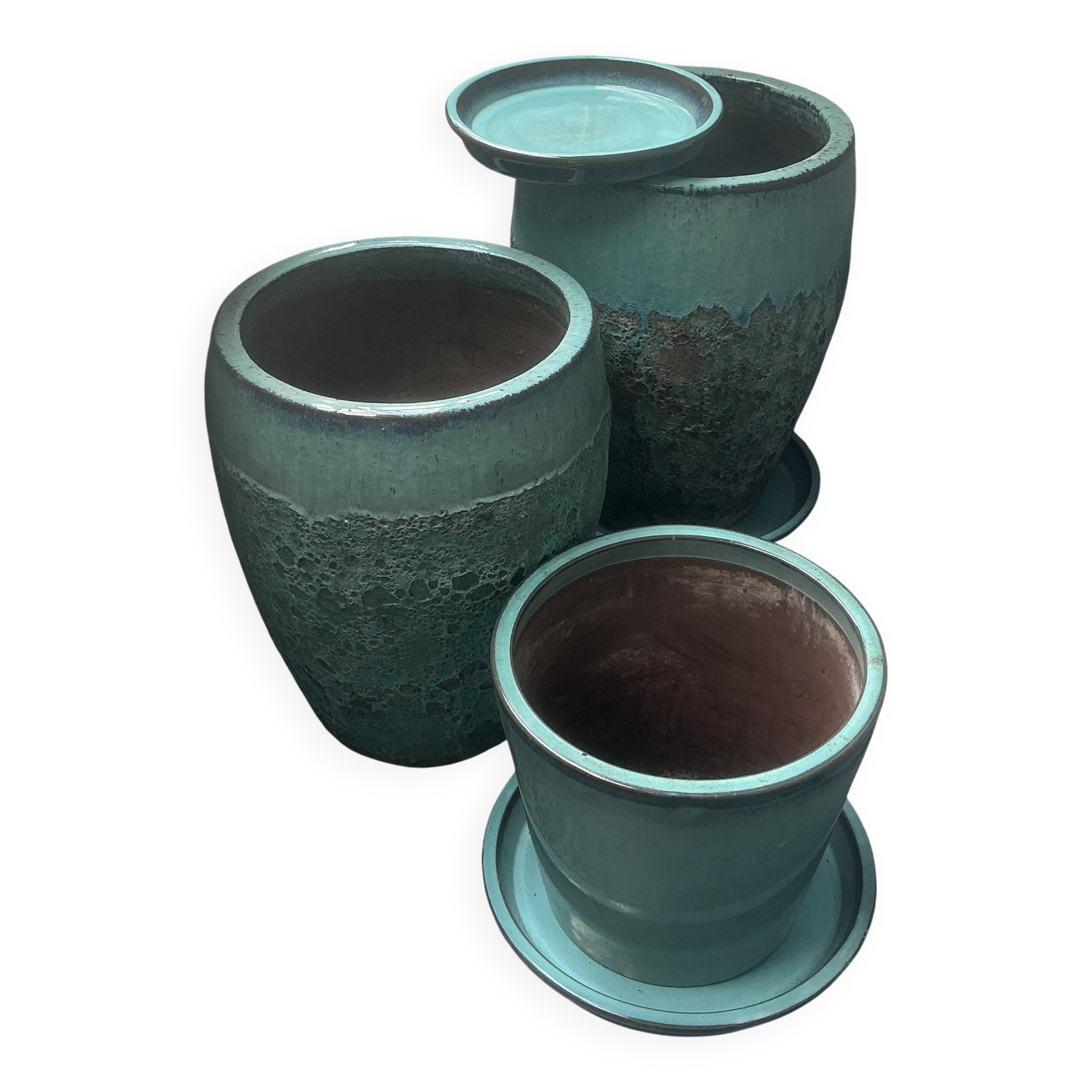 Set of 3 large blue glazed stoneware pots.