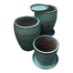 Set of 3 large blue glazed stoneware pots.