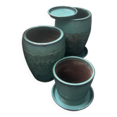 Set of 3 large blue glazed stoneware pots.