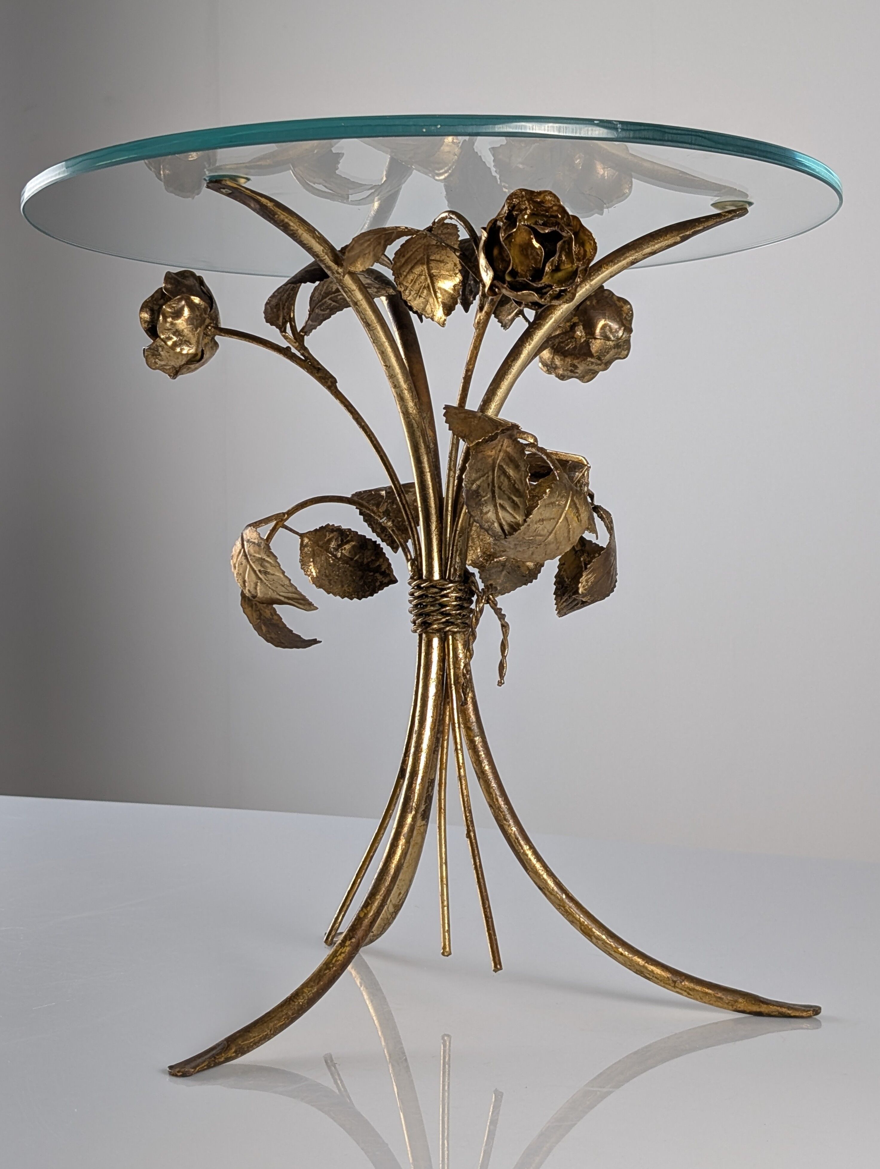 Mid-century side table in gilded metal with roses and glass top, 1970s