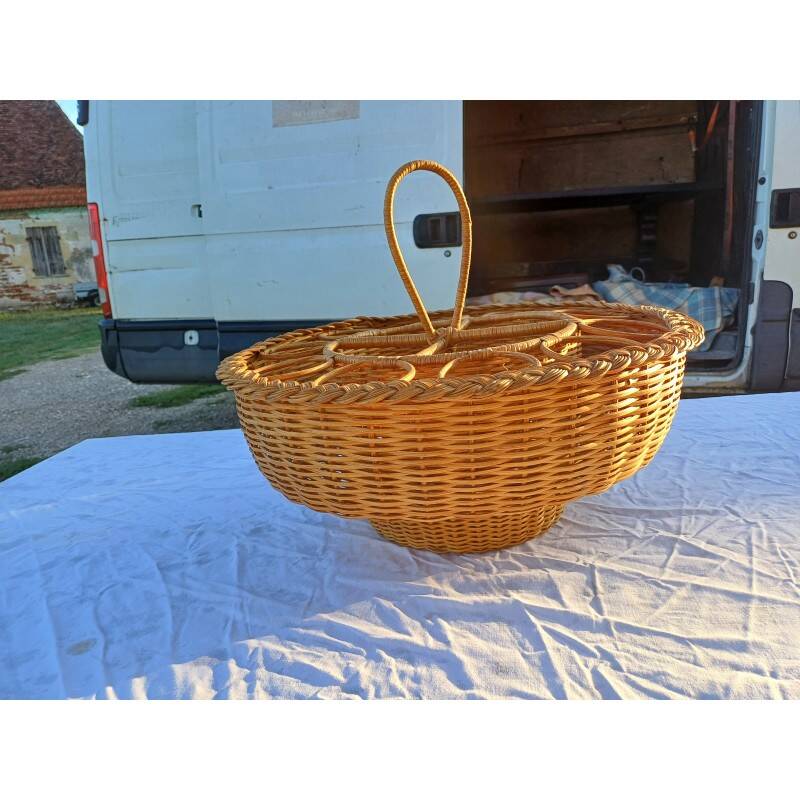 Panier vintage porte bouteilles et verres osier