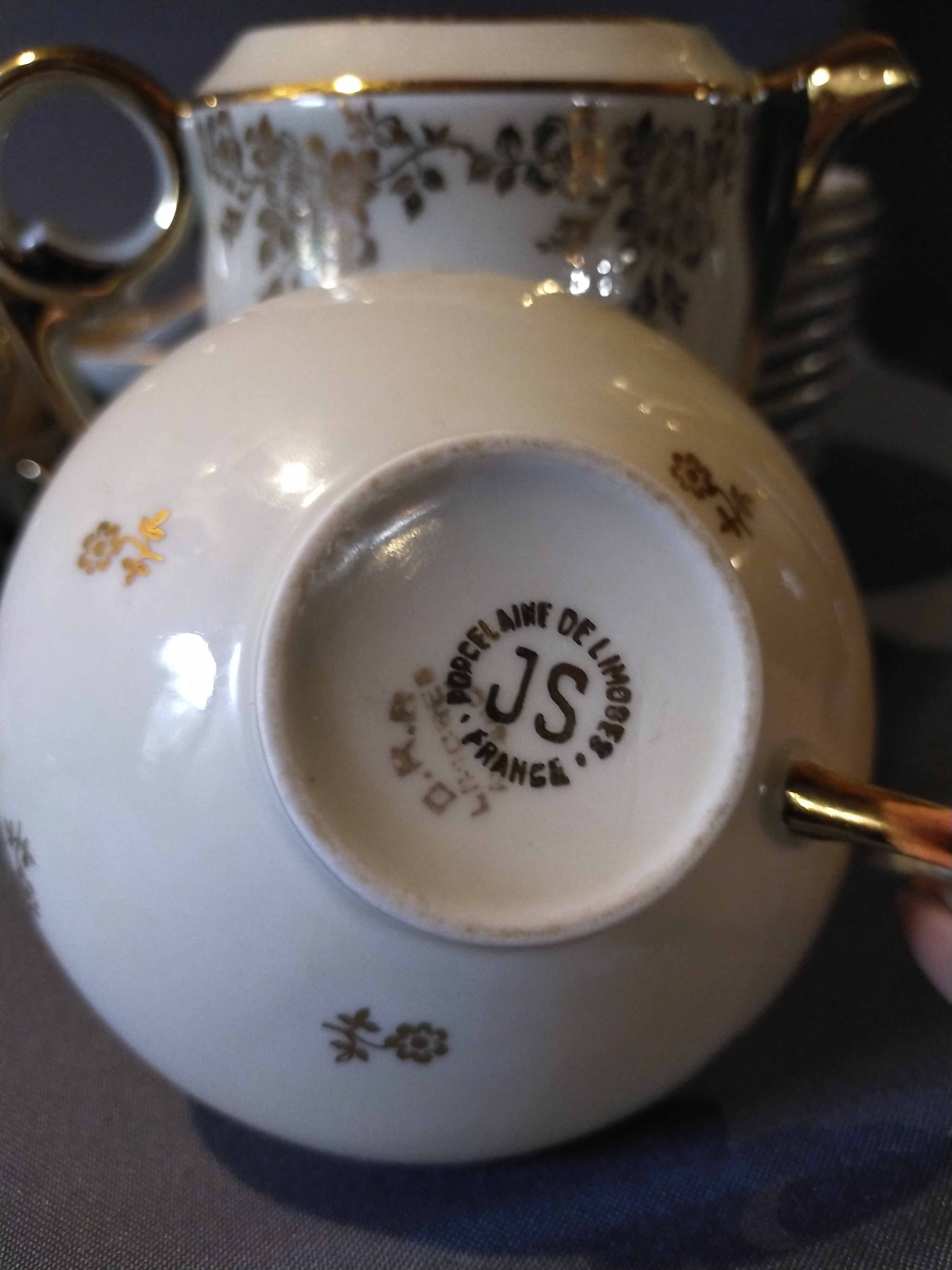 10 cups and tea saucers Limoges porcelain DRB Manufacture decor signed JS