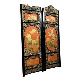 Asia around 1900: pair of double-sided panels in lacquer and gilded wood