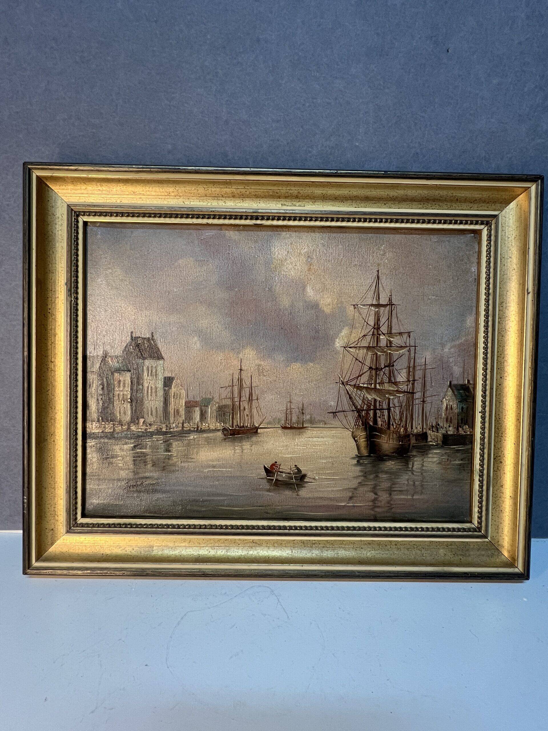 Alexandre Thomas Francia, oil on canvas with marine theme and sailboats