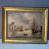 Alexandre Thomas Francia, oil on canvas with marine theme and sailboats